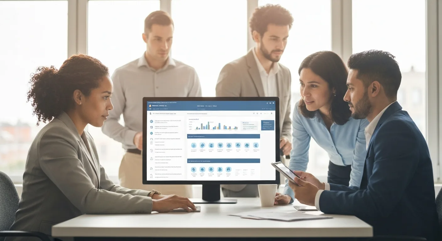A diverse team of localization professionals collaborating in a modern office, reviewing project dashboards and documents to optimize their global content pipeline.