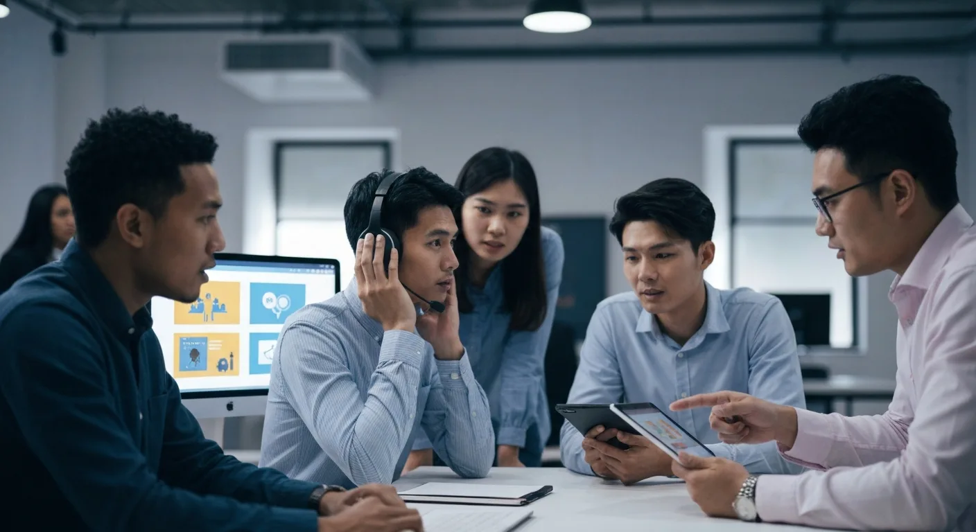 A diverse team of localization experts reviewing e-learning course content on various digital devices, focusing on multilingual elements like voice-overs, graphics, and interactive components.
