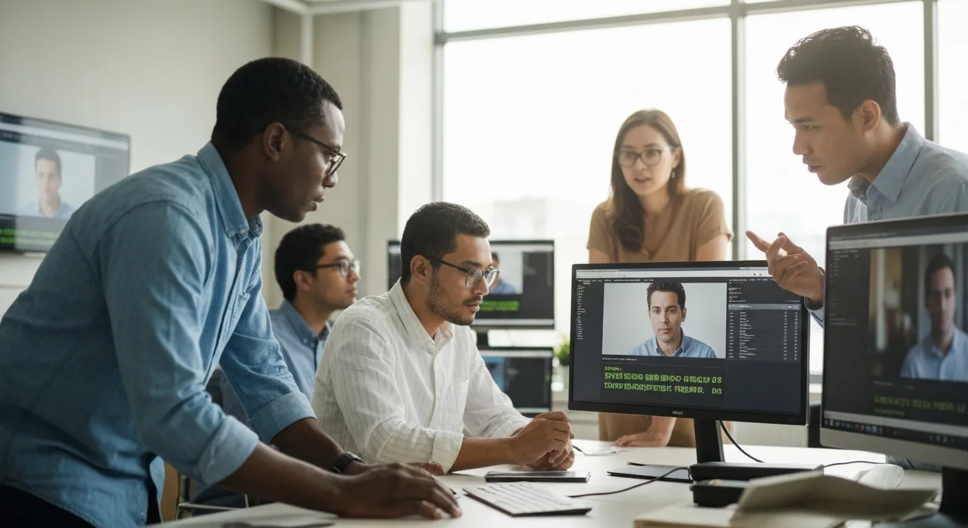 A team of professional linguists meticulously reviewing video subtitles and time-codes on computer screens in a modern office, emphasizing accuracy and collaboration.