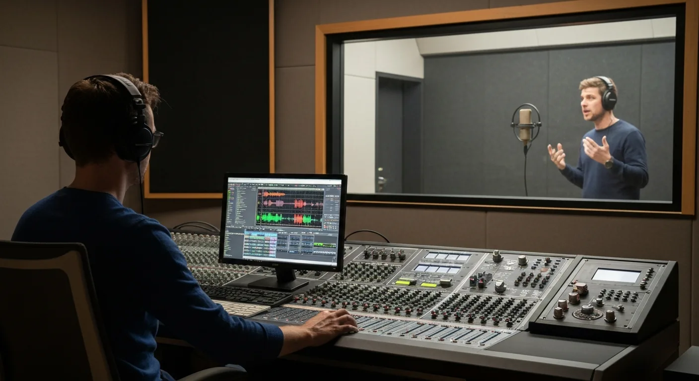 A sound engineer in a modern recording studio control room, overseeing a voice actor in a vocal booth, symbolizing professional voice-over recording services.