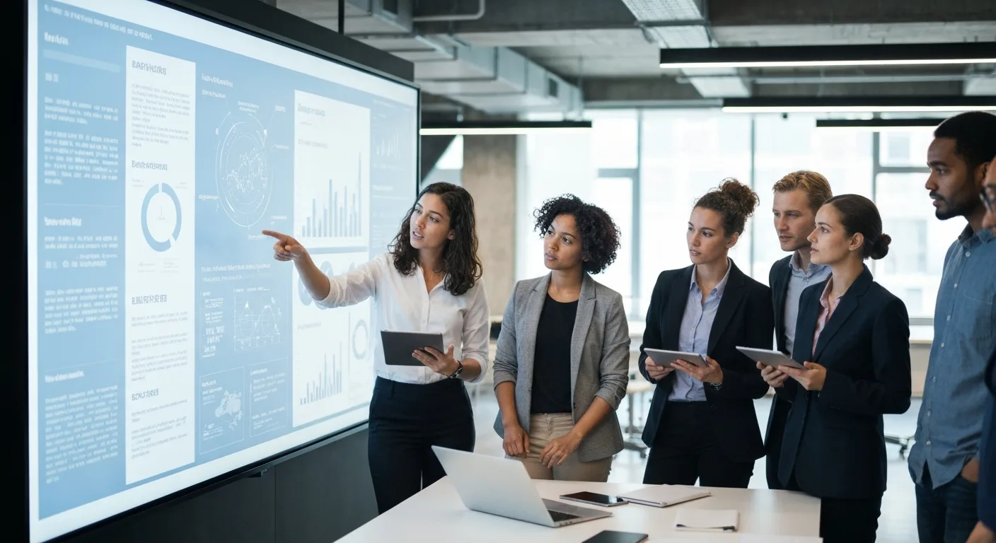 A diverse team of professionals collaborating around a large digital screen displaying multilingual data and analytics in a modern office setting.